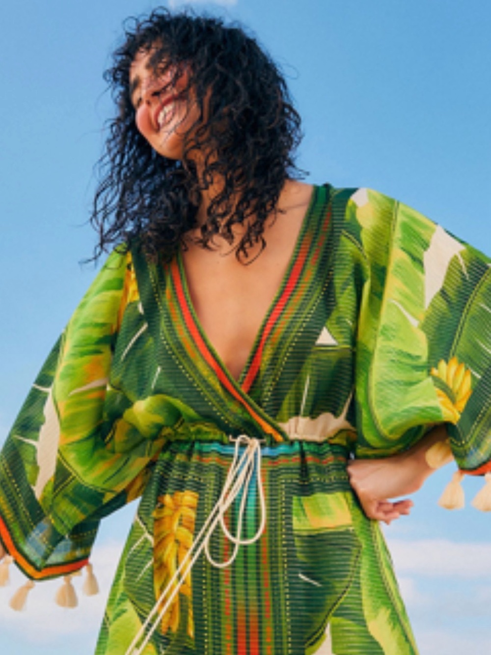 FARM Rio Green Tropical Print Cover Up with Tassels
